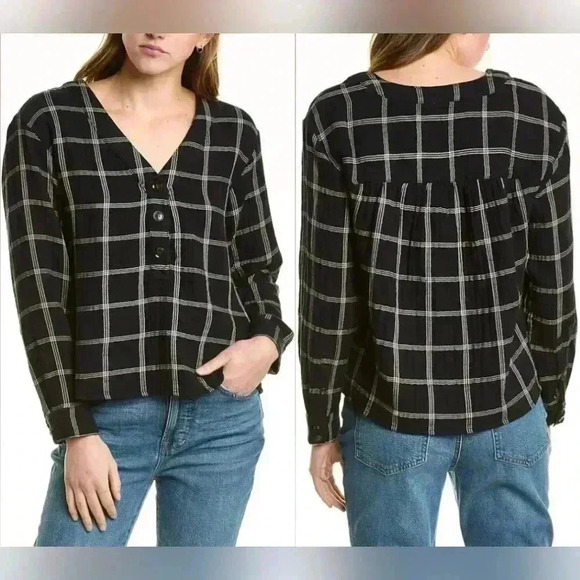 Madewell Lightspun Evert Top in Windowpane Plaid Size Small Black Double Gauze - Picture 1 of 15